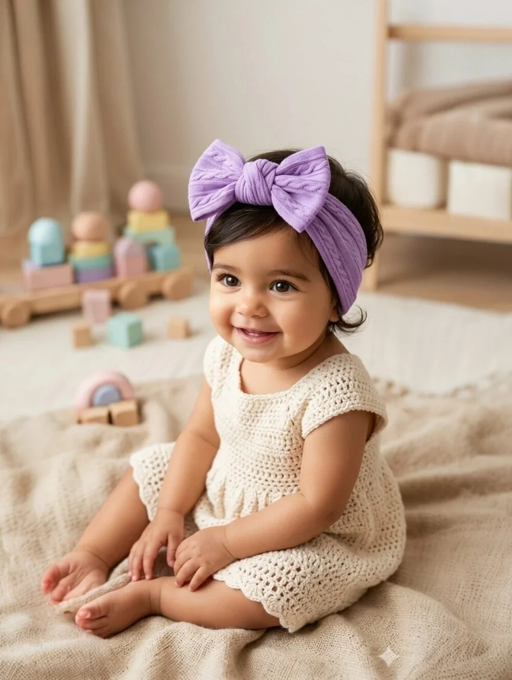 Boho Kids Bowknot Headband Lavender Purple Cable Knit Baby Turban Soft Hairband
